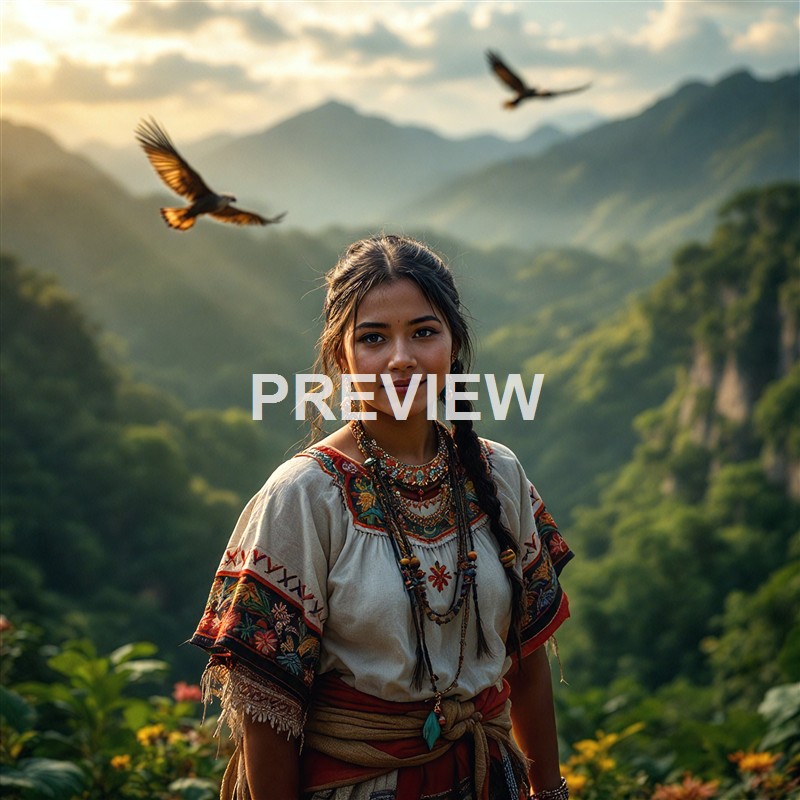 A young woman dressed in traditional embroidered clothing and jewelry standing outdoors in a lush green mountainous landscape with two birds flying in the sky behind her.